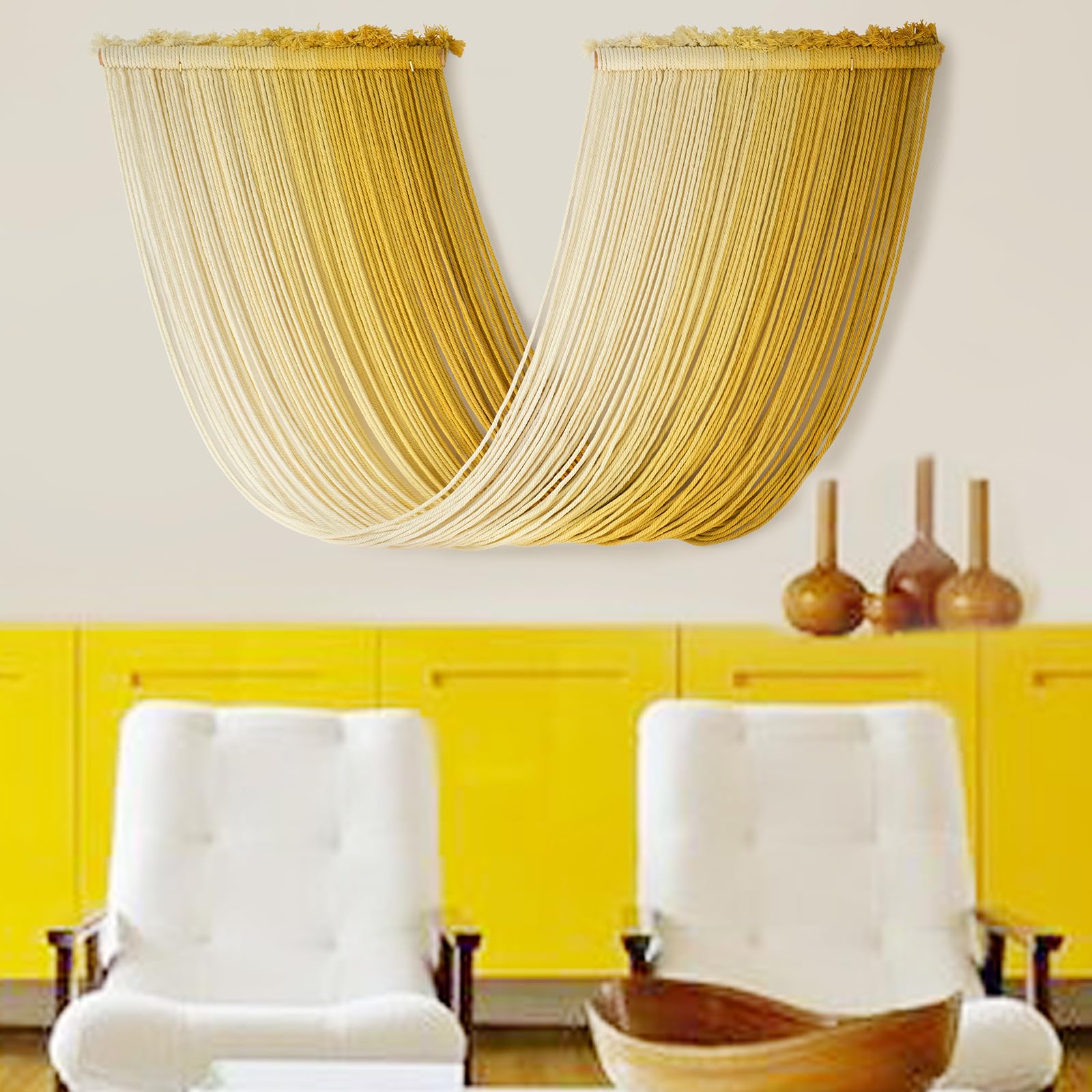 Macrame Wall Hanging Yellow Dip Dyed Yarn Macrame Wall Decor Fiber Wall Art Boho Wall Decor  Bedroom Living Room 15.7" Wx 47.2" L