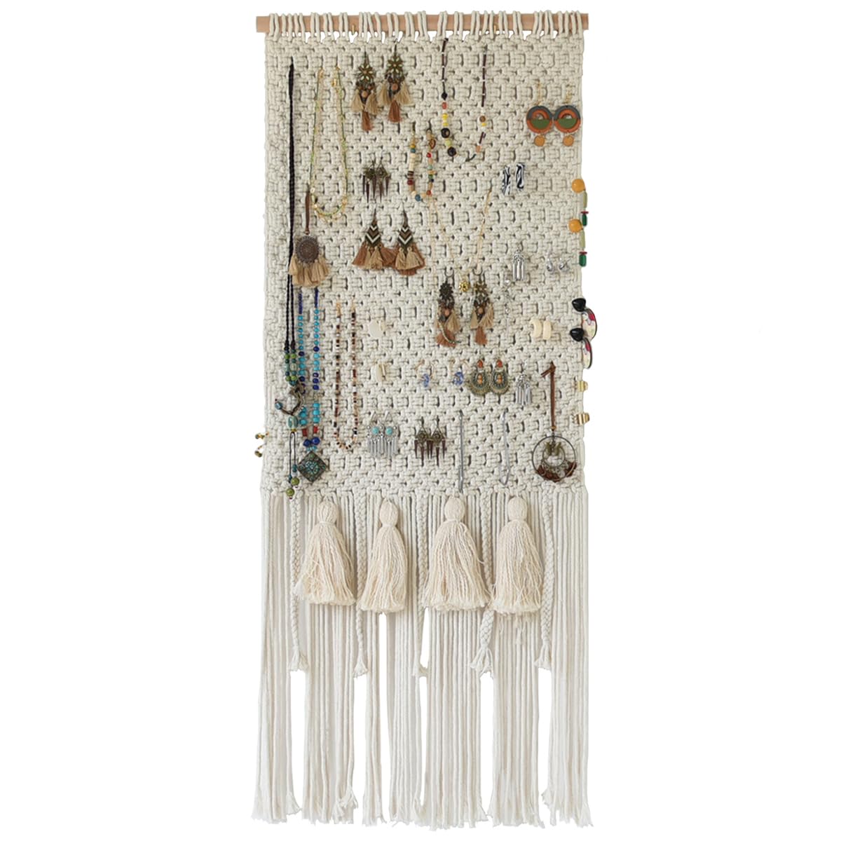 Hanging Jewelry Organizer Earrings Holder Organizer Wall Macrame Wall Hanging With Tassel Bracelet Necklaces Headband Bow Storage Holder Accessories, Ivory 16"Wx39"L