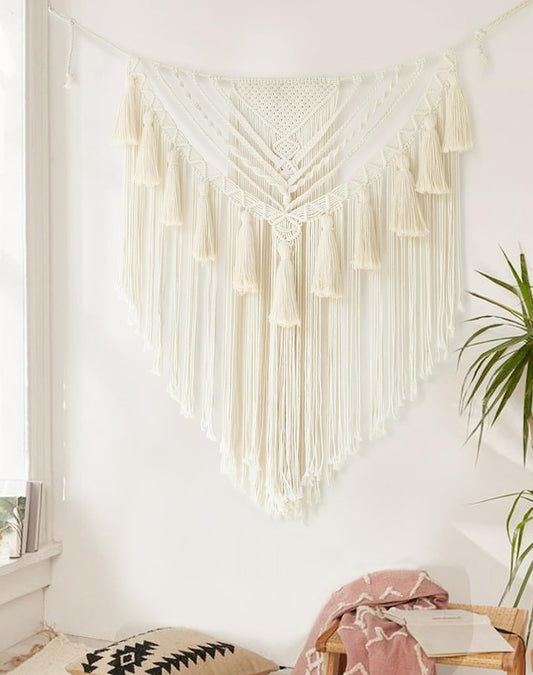 Macrame Wall Hanging 31" Wx 39" L Ivory Small Macrame Wall Decor Boho Handmade Yarn Wall Art Craftsmanship Home Decor Christmas