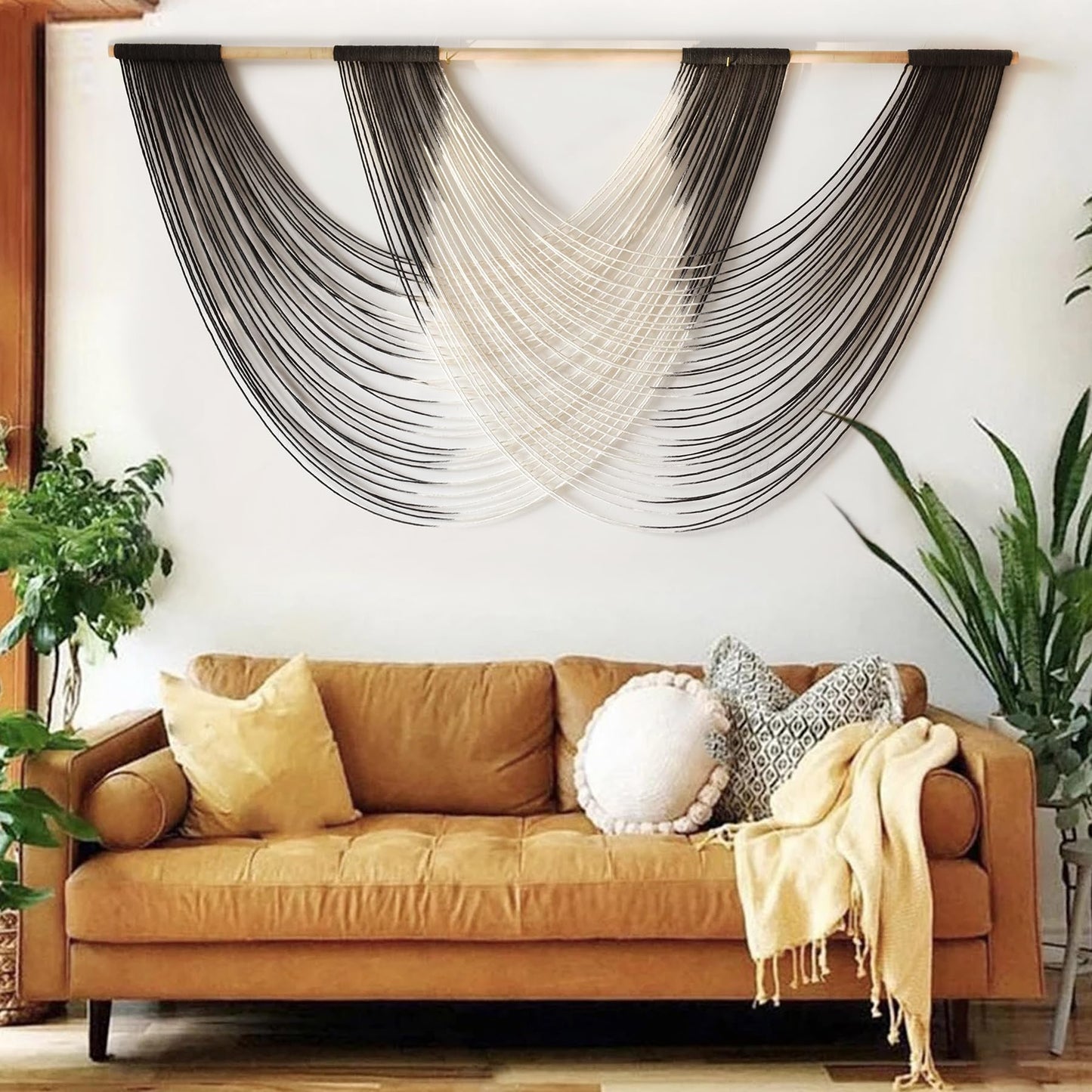 Large Macrame Wall Hanging Black Dip Dyed Fiber Wall Art Macrame Wall Decor Boho Home Decor Bedroom Living Room,59" W x 35" L