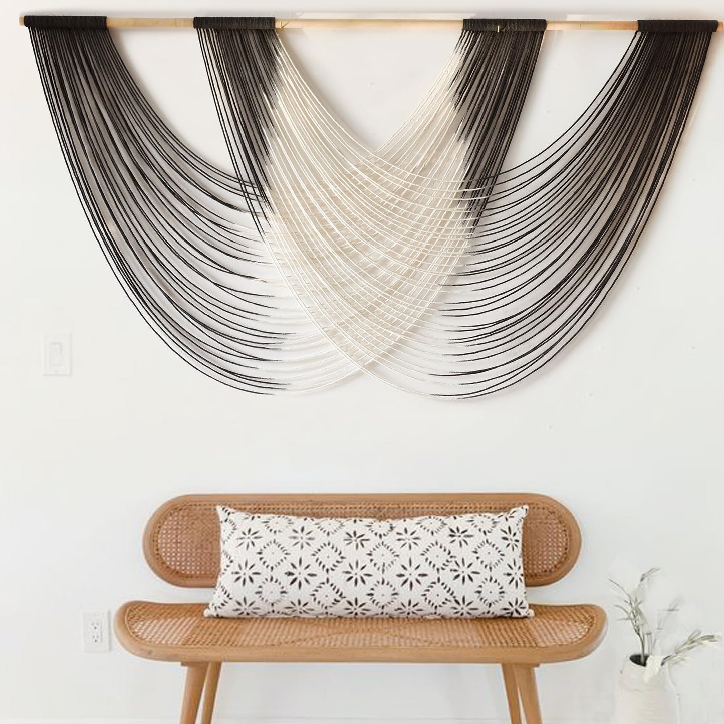 Large Macrame Wall Hanging Black Dip Dyed Fiber Wall Art Macrame Wall Decor Boho Home Decor Bedroom Living Room,59" W x 35" L