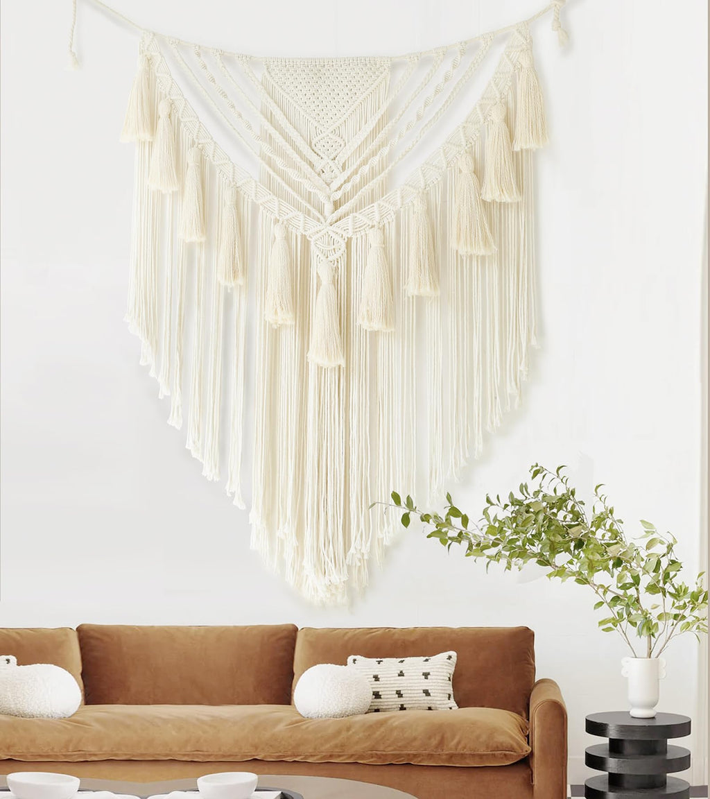Macrame Wall Hanging 31" Wx 39" L Ivory Small Macrame Wall Decor Boho Handmade Yarn Wall Art Craftsmanship Home Decor Christmas