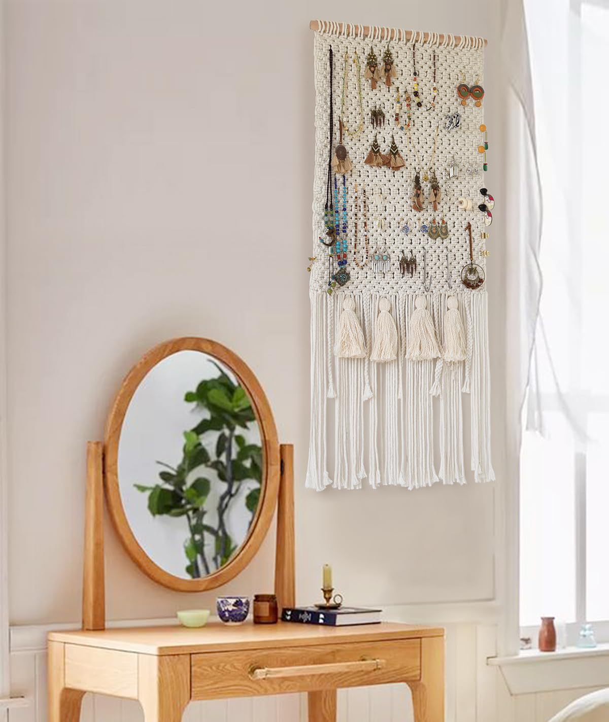 Hutuzldz Hanging Jewelry Organizer, Macrame Necklace Holder with 30 Hooks, Wall Mounted Necklace Rack with Tassel for Girls Bracelet Earrings Headband Bow Display (Macrame Hutuzldz Hanging Jewelry Organizer, Macrame Necklace Holder with 30 Hooks, Wall Mounted Necklace Rack with Tassel for Girls Bracelet Earrings Headband Bow Display (Macrame