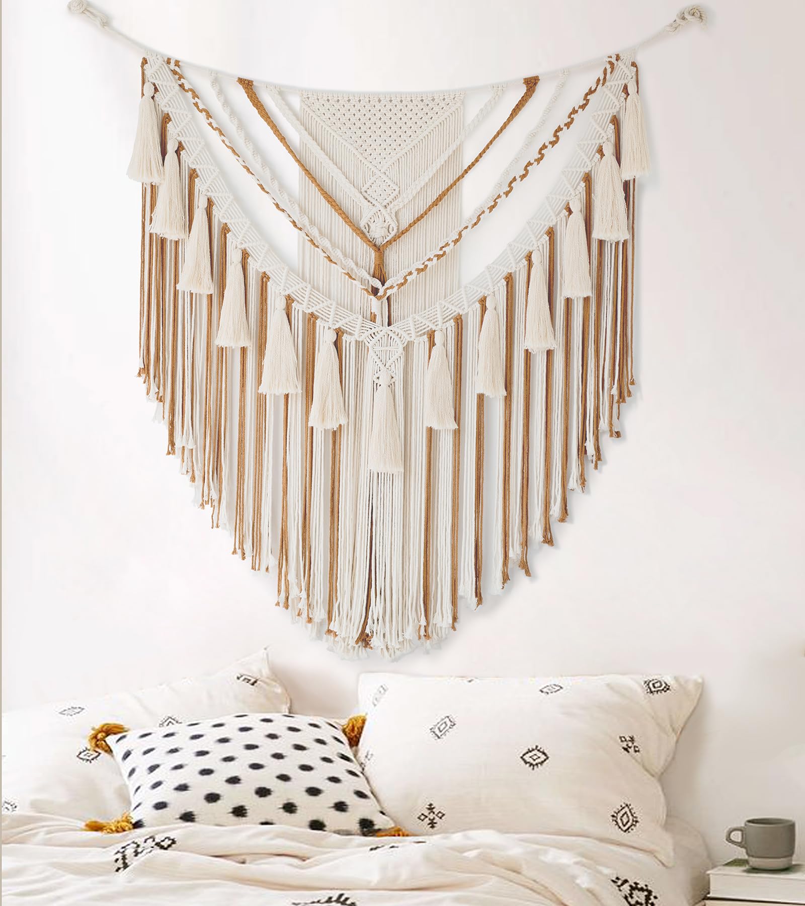 Jakalin Macrame Wall Hanging 31" Wx 39" L Brown Macrame Wall Decor Boho Panels Handmade Craftsmanship Yarn Wall Art Living Room Bedroom Home Decor
