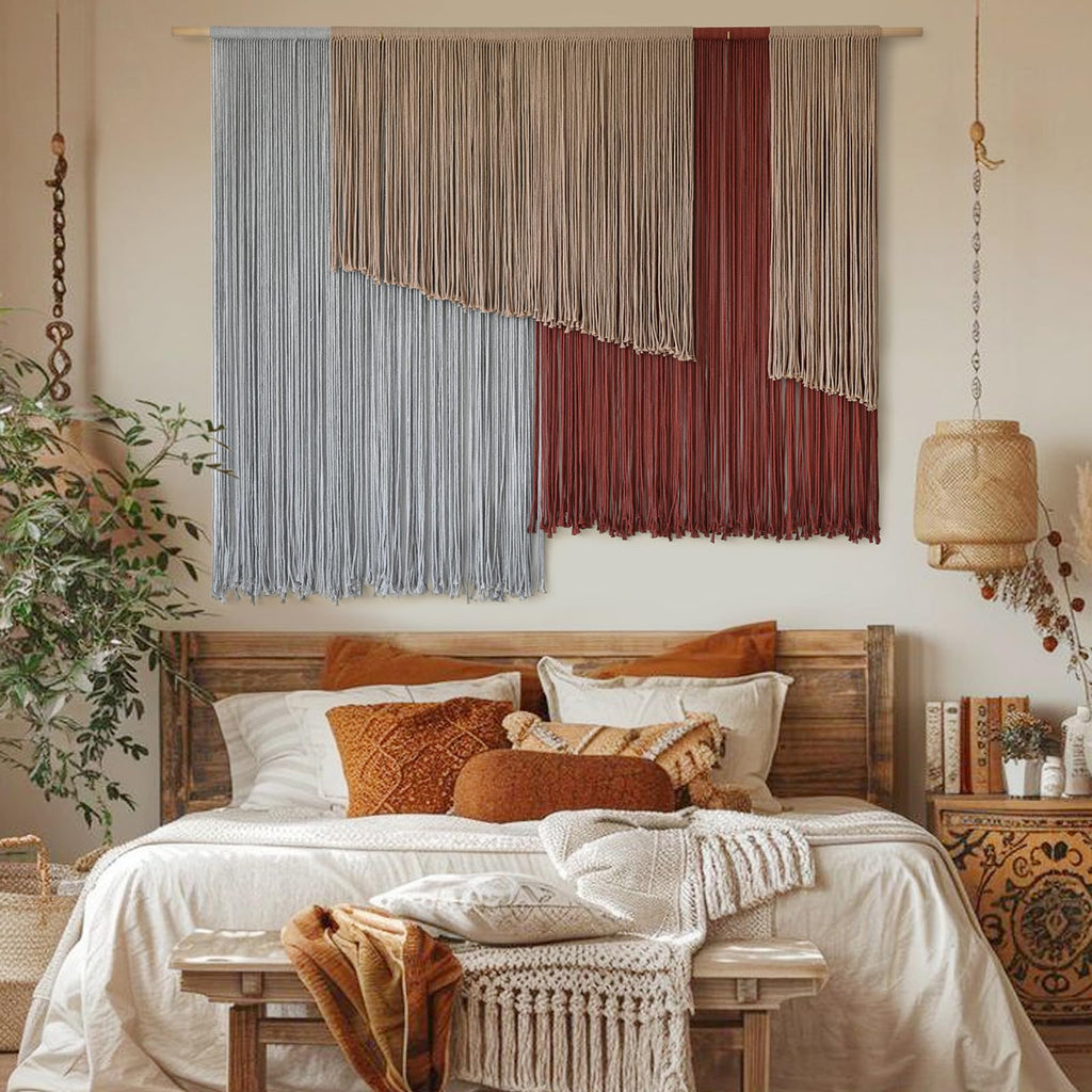 Macrame Wall Hanging Large 57" Wx43" L Fiber Wall Art Modern Yarn Boho Wall Decor For Headboard Living Room Gallery Wall Couch Bedroom Decor