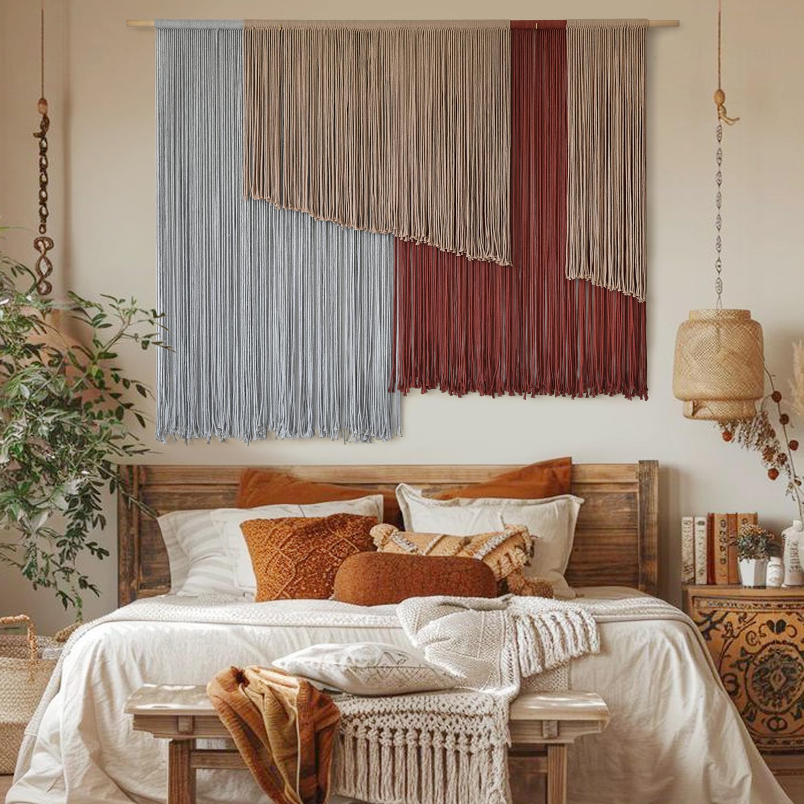 Macrame Wall Hanging Large 57" Wx43" L Fiber Wall Art Modern Yarn Boho Wall Decor For Headboard Living Room Gallery Wall Couch Bedroom Decor
