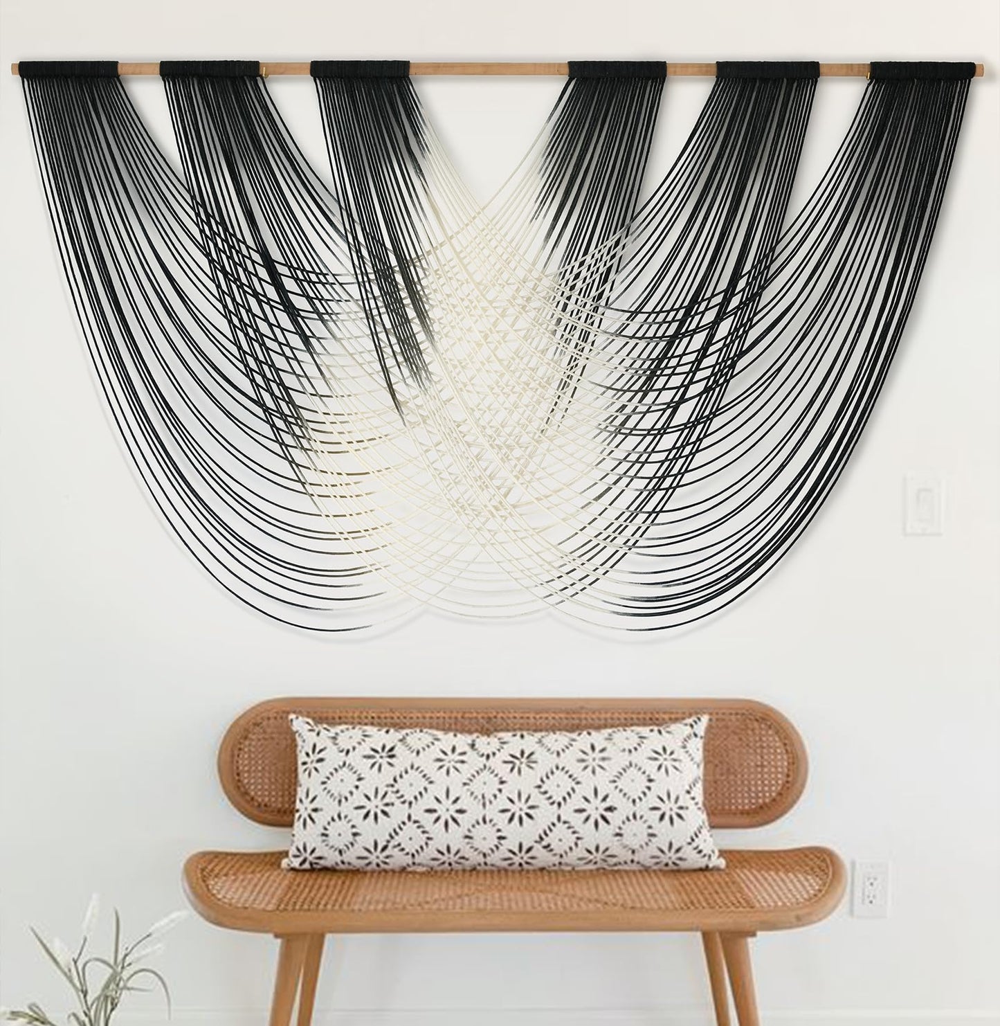 Macrame Wall Hanging Black And White Dip Dyed Large Fiber Wall Art Macrame Wall Decor Boho Bedroom Living Room Wall Decor,59" W x 33" L