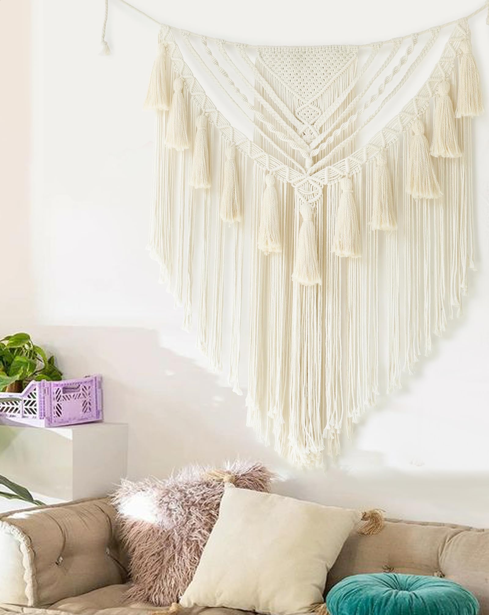 Macrame Wall Hanging 31" Wx 39" L Ivory Small Macrame Wall Decor Boho Handmade Yarn Wall Art Craftsmanship Home Decor Christmas