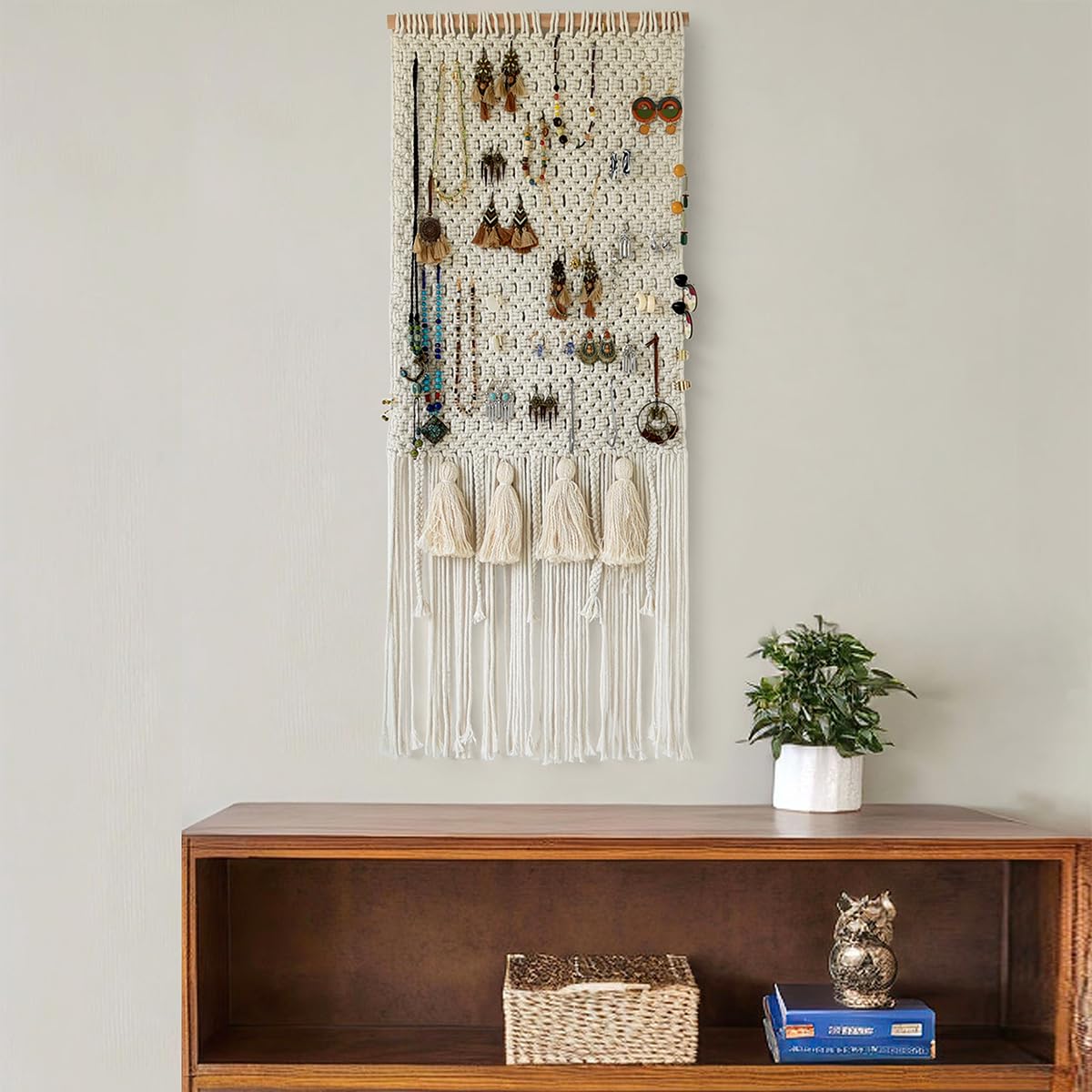 Hanging Jewelry Organizer Earrings Holder Organizer Wall Macrame Wall Hanging With Tassel Bracelet Necklaces Headband Bow Storage Holder Accessories, Ivory 16"Wx39"L