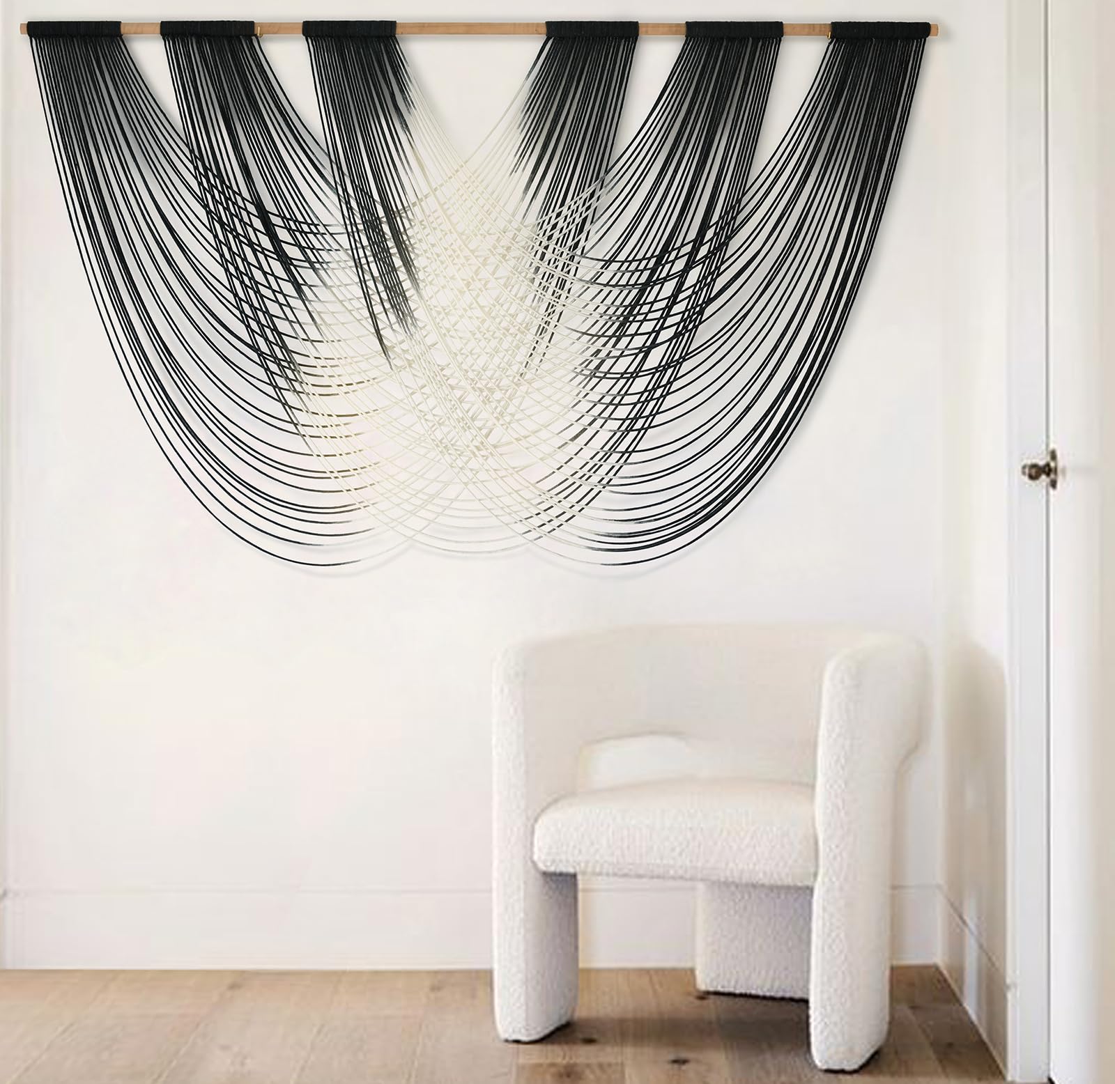 Macrame Wall Hanging Black And White Dip Dyed Large Fiber Wall Art Macrame Wall Decor Boho Bedroom Living Room Wall Decor,59" W x 33" L