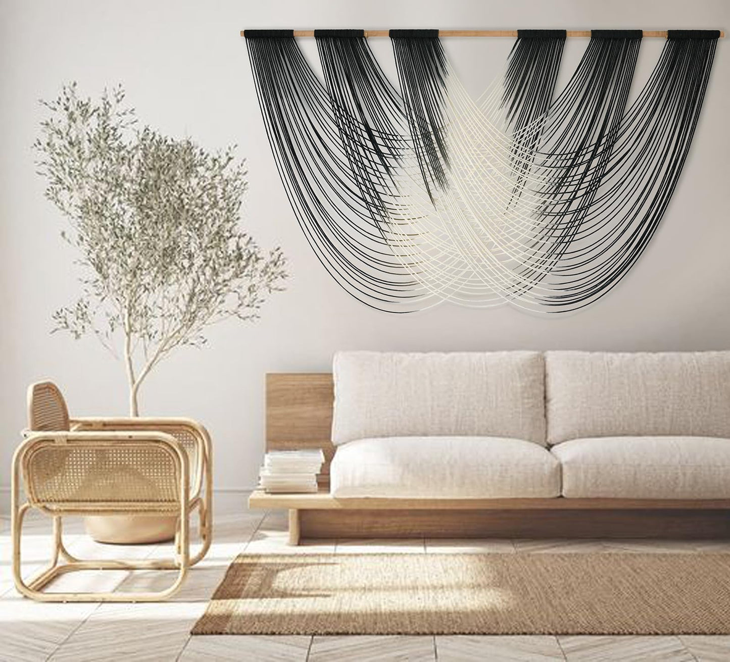 Macrame Wall Hanging Black And White Dip Dyed Large Fiber Wall Art Macrame Wall Decor Boho Bedroom Living Room Wall Decor,59" W x 33" L