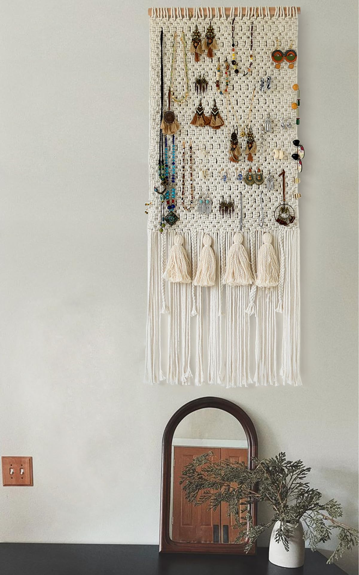 Hanging Jewelry Organizer Earrings Holder Organizer Wall Macrame Wall Hanging With Tassel Bracelet Necklaces Headband Bow Storage Holder Accessories, Ivory 16"Wx39"L