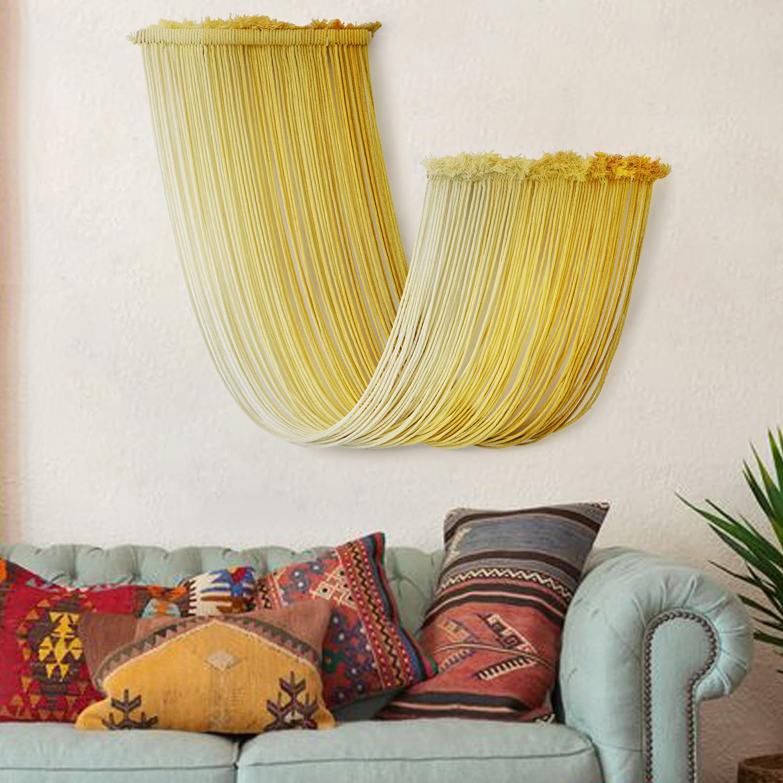 Macrame Wall Hanging Yellow Dip Dyed Yarn Macrame Wall Decor Fiber Wall Art Boho Wall Decor  Bedroom Living Room 15.7" Wx 47.2" L