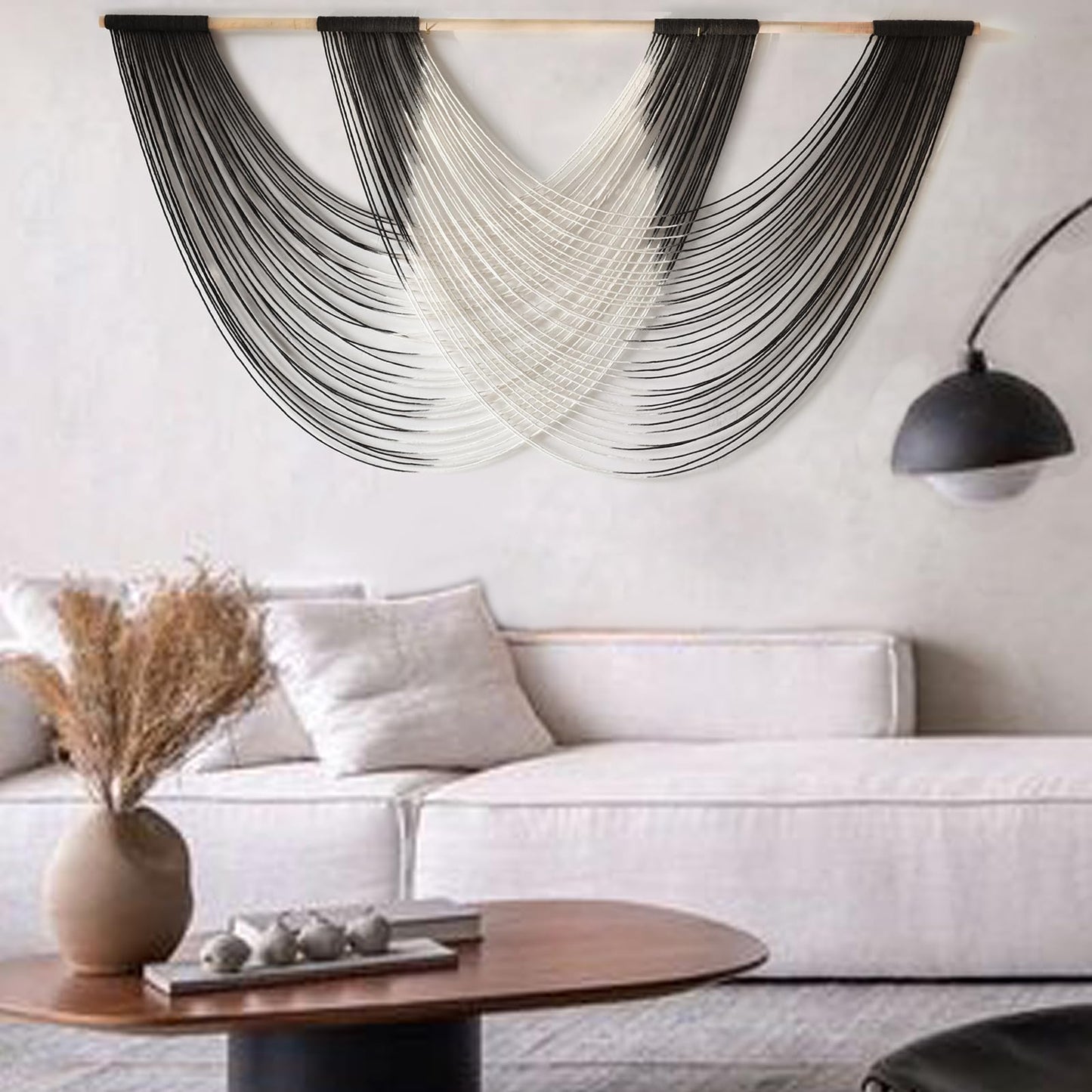 Large Macrame Wall Hanging Black Dip Dyed Fiber Wall Art Macrame Wall Decor Boho Home Decor Bedroom Living Room,59" W x 35" L