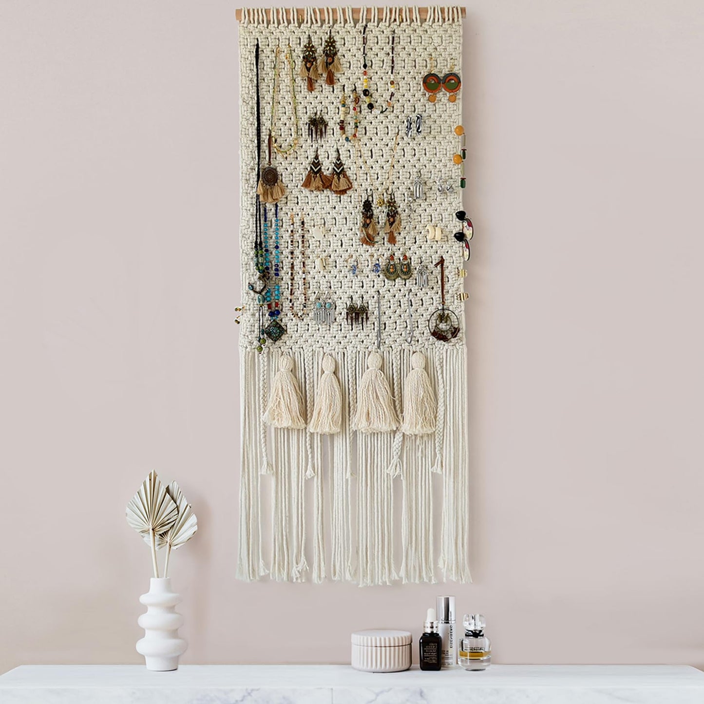 Hanging Jewelry Organizer Earrings Holder Organizer Wall Macrame Wall Hanging With Tassel Bracelet Necklaces Headband Bow Storage Holder Accessories, Ivory 16"Wx39"L