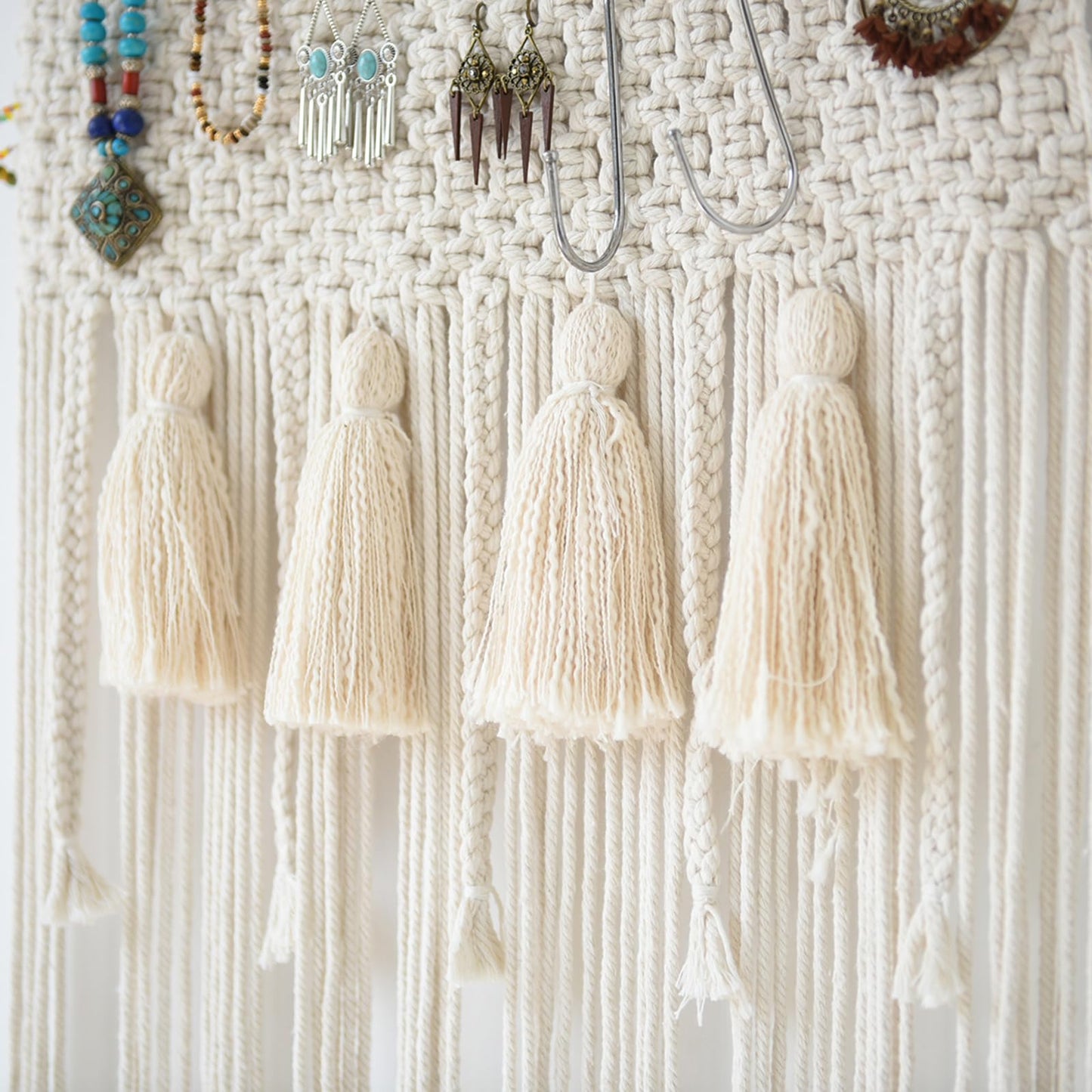 Hanging Jewelry Organizer Earrings Holder Organizer Wall Macrame Wall Hanging With Tassel Bracelet Necklaces Headband Bow Storage Holder Accessories, Ivory 16"Wx39"L