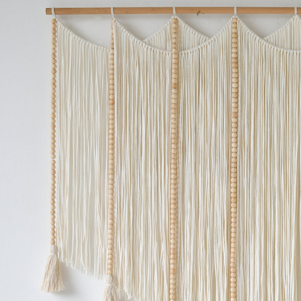 Macrame Wall Hanging White Beads Boho Wall Decor for Living Room Bedroom