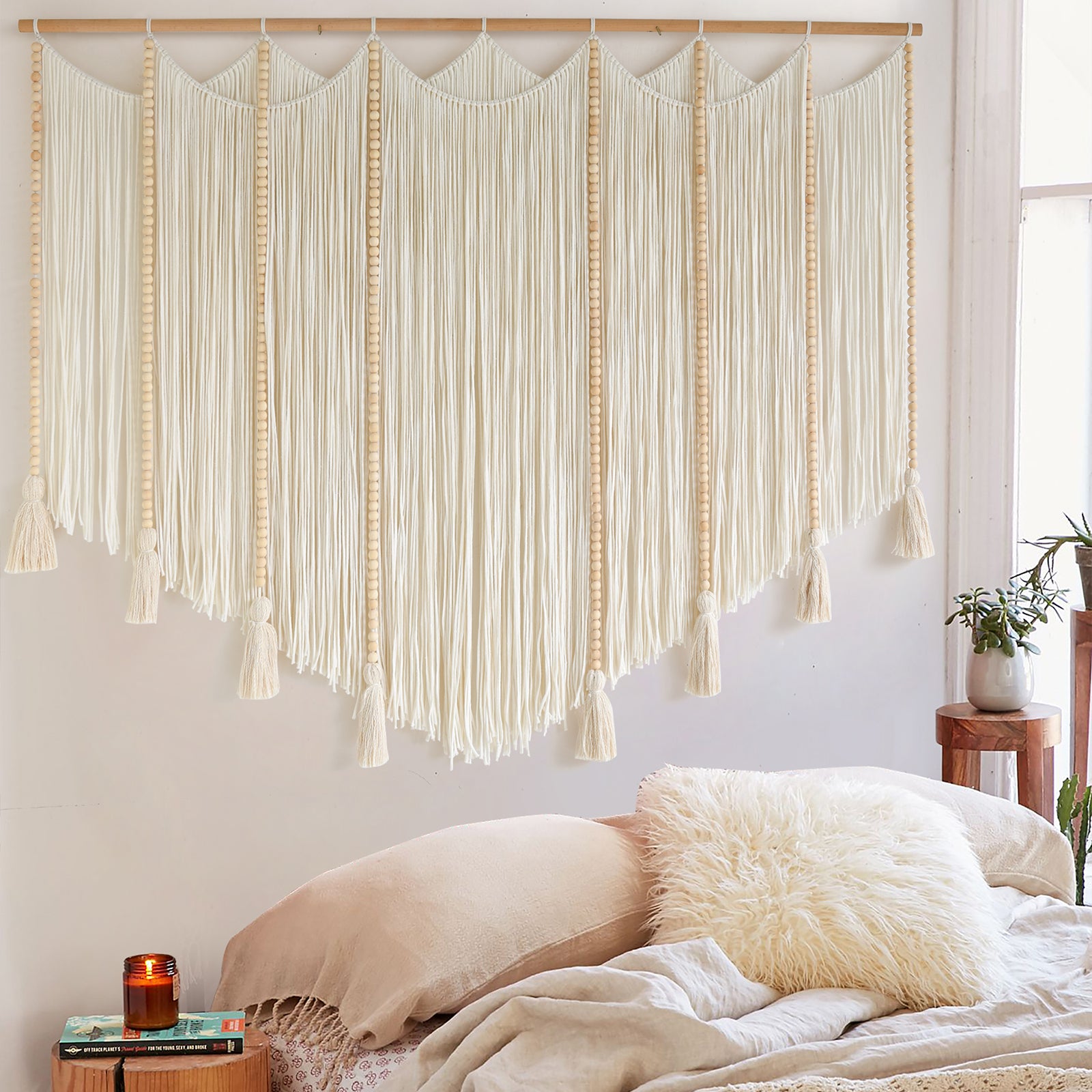 Macrame Wall Hanging White Beads Boho Wall Decor for Living Room Bedroom