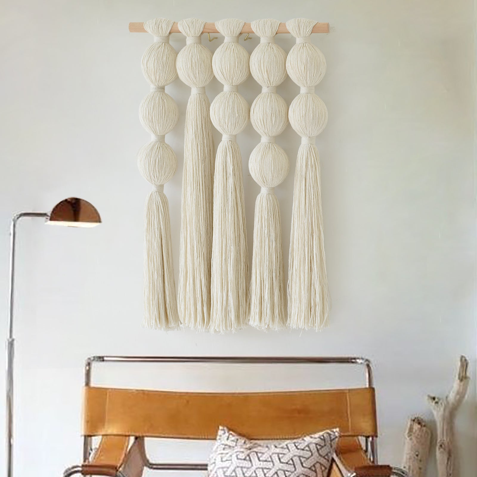 Macrame Wall Hanging Boho Wall Decor with Cotton Ball Tassels