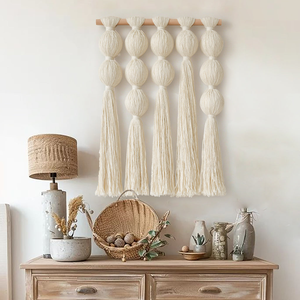 Macrame Wall Hanging Boho Wall Decor with Cotton Ball Tassels