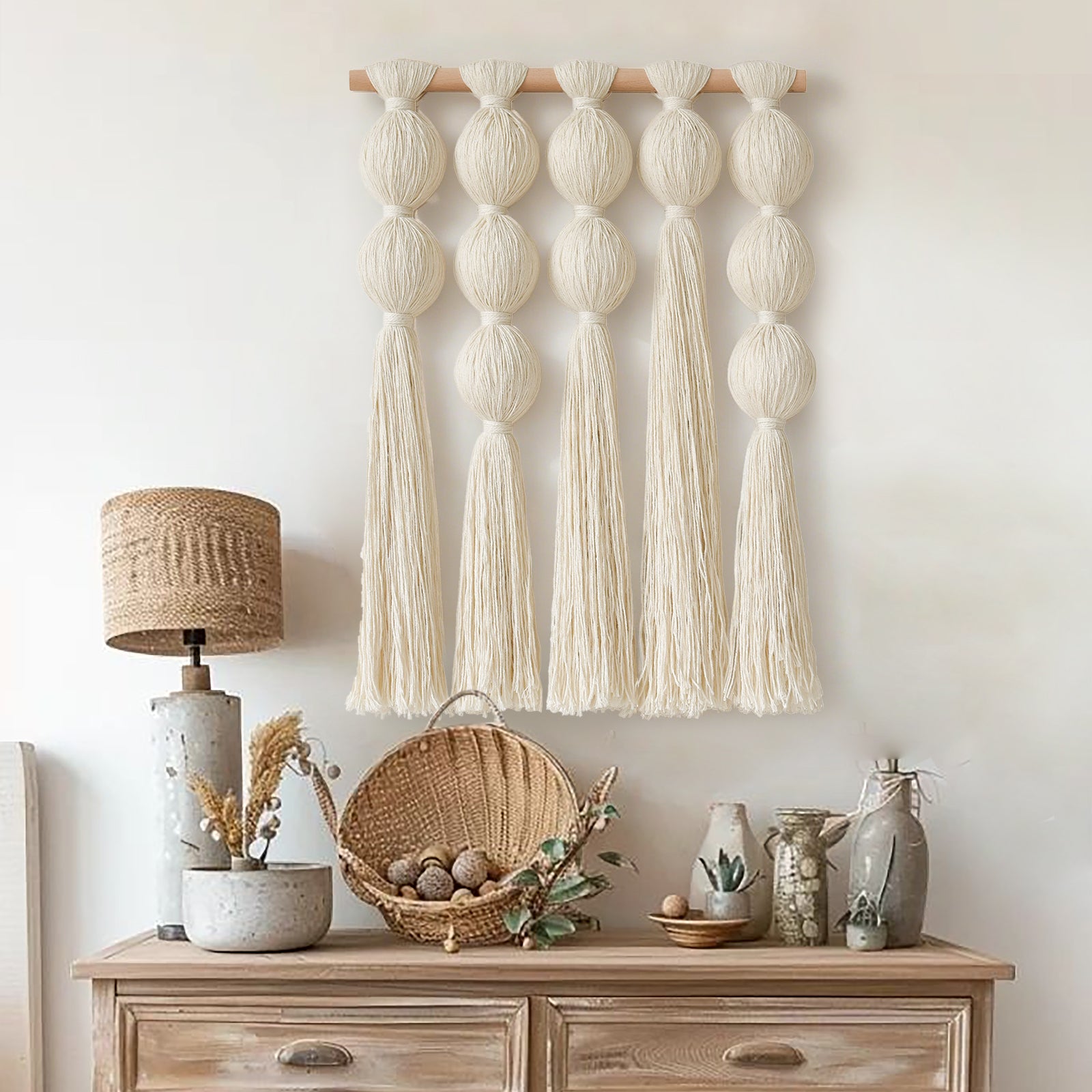 Macrame Wall Hanging Boho Wall Decor with Cotton Ball Tassels