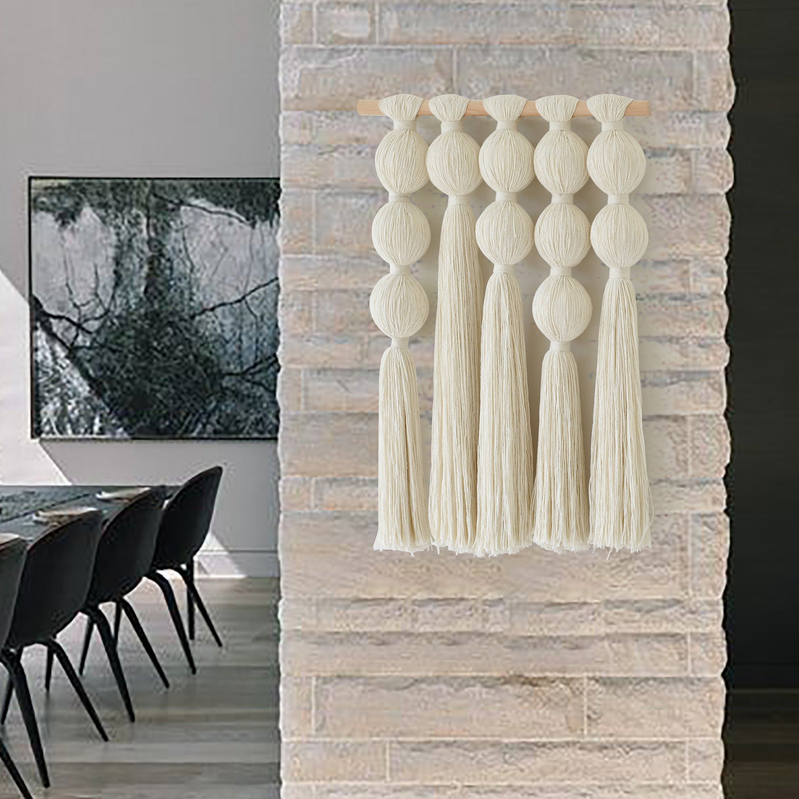 Macrame Wall Hanging Boho Wall Decor with Cotton Ball Tassels