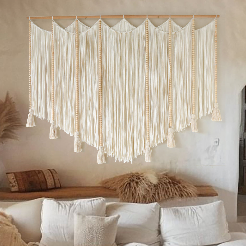 Macrame Wall Hanging White Beads Boho Wall Decor for Living Room Bedroom