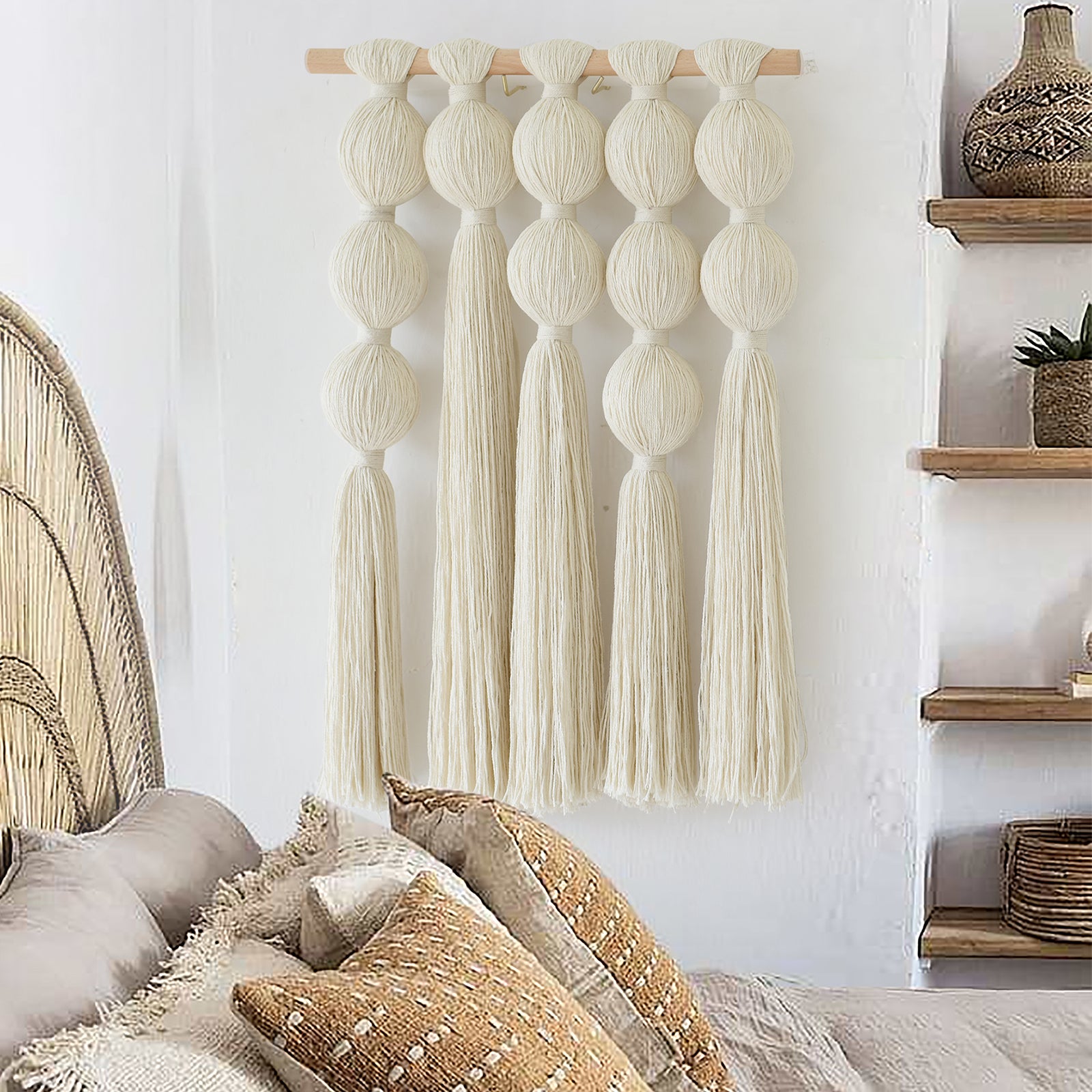Macrame Wall Hanging Boho Wall Decor with Cotton Ball Tassels