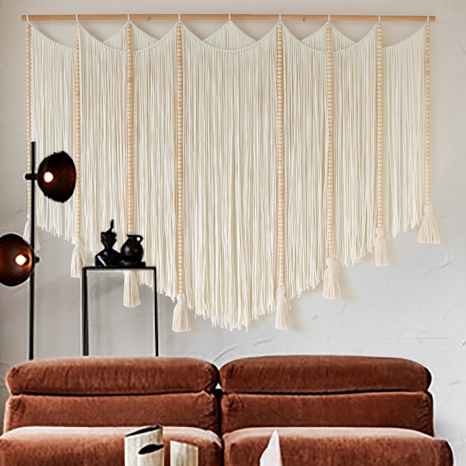 Macrame Wall Hanging White Beads Boho Wall Decor for Living Room Bedroom